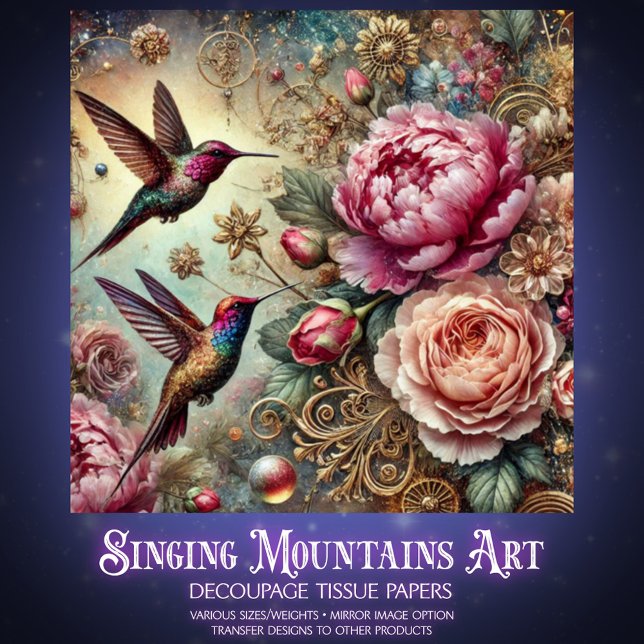 Papier Mousseline Victorian Hummingbird & Pastel Rose Decoupage  (Créateur téléchargé)