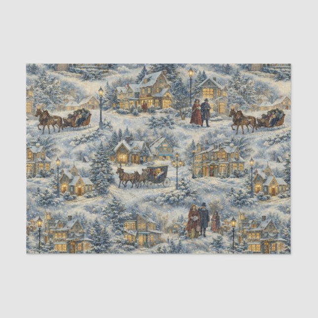 Papier Mousseline Victorian Snowy Village Christmas Illustration (Recto)
