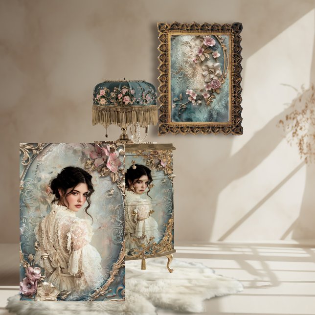 Papier Mousseline Victorienne, Français belle femme Portrait Art (French Victorian Romantic Portrait Art, Vintage Floral Baroque Furniture Decoupage Tissue Paper)