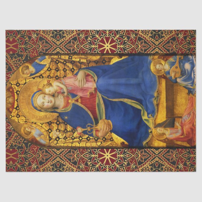 Papier Mousseline VIERGE AVEC ENFANT ET ANGES, Red Blue Gold Xmas (Recto)