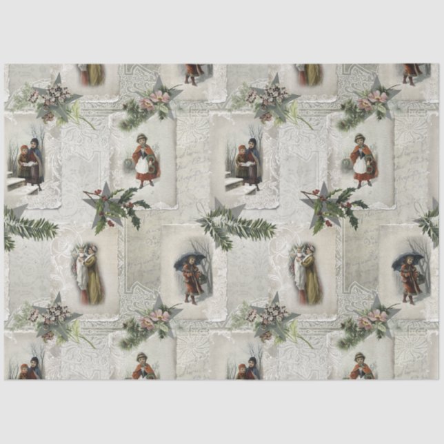 Papier Mousseline Vignettes de Noël victoriennes avec verdure d'hive (Recto)