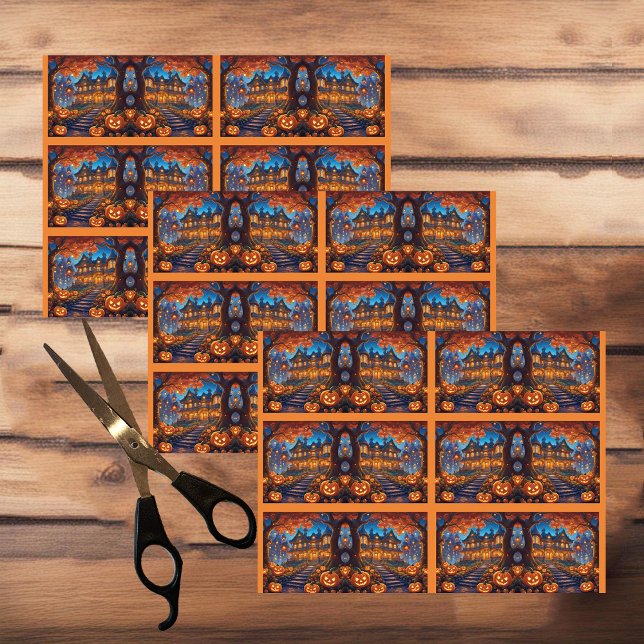 Papier Mousseline villa éffrayante dans la forêt, citrouilles, Hallo (Créateur téléchargé)