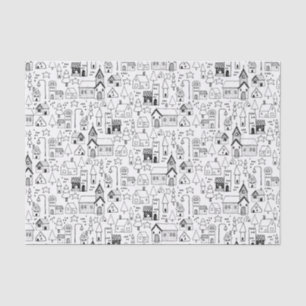Papier Mousseline Village de Noël pour enfants Whimsical Black & Whi