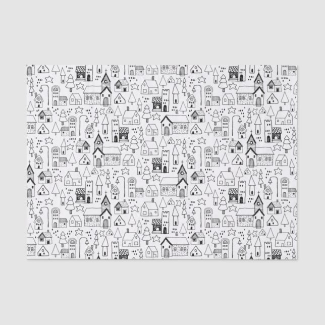 Papier Mousseline Village de Noël pour enfants Whimsical Black & Whi (Recto)