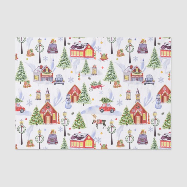 Papier Mousseline Village de Noël Vintage avec sapin de Noël (Recto)