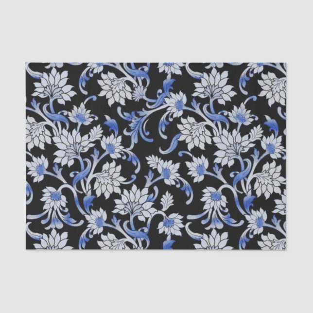 Papier Mousseline Vin floral noir, bleu et blanc élégant (Recto)