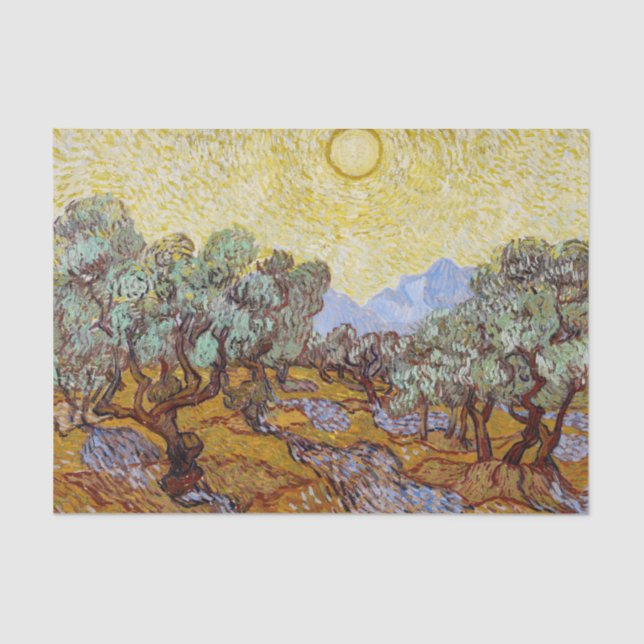 Papier Mousseline Vincent van Gogh - Oliviers, ciel jaune et soleil (Recto)