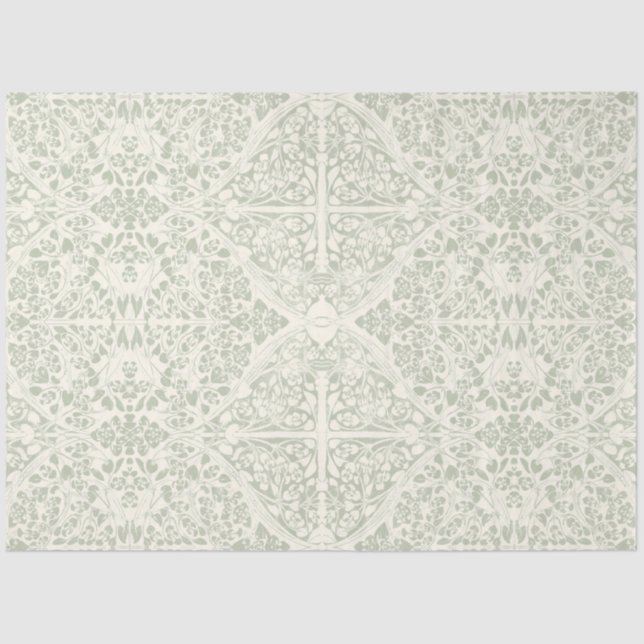 Papier Mousseline Vins floraux arabesques Sage Green Ivory Decoupage (Recto)