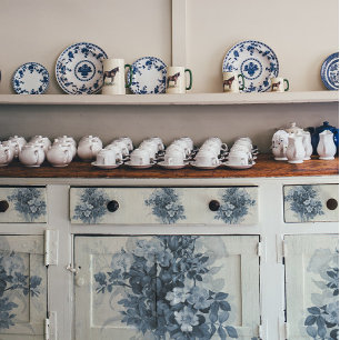 Papier Mousseline Vintage Anglais Floral Bleu et Blanc Découpage