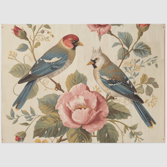 Papier Mousseline Vintage Birds & Roses Decoupage  (Recto)