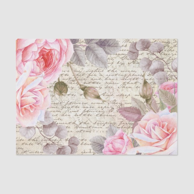 Papier Mousseline Vintage Blush Floral Roses Old Letter Decoupage (Recto)