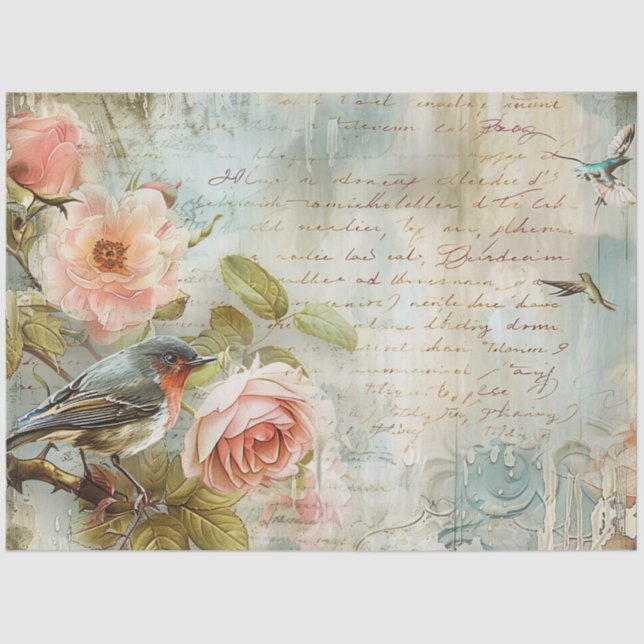 Papier Mousseline Vintage Blush Pink Rose Birds Decoupage (Recto)