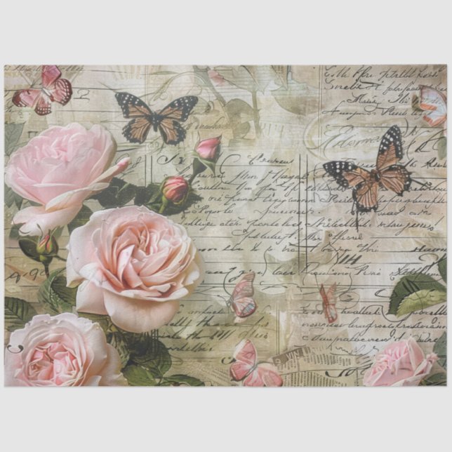 Papier Mousseline Vintage Blush Pink Rose Butterfly Decoupage (Recto)