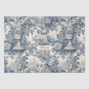Papier Mousseline Vintage chic floral Bleu toile de jouy monogramme