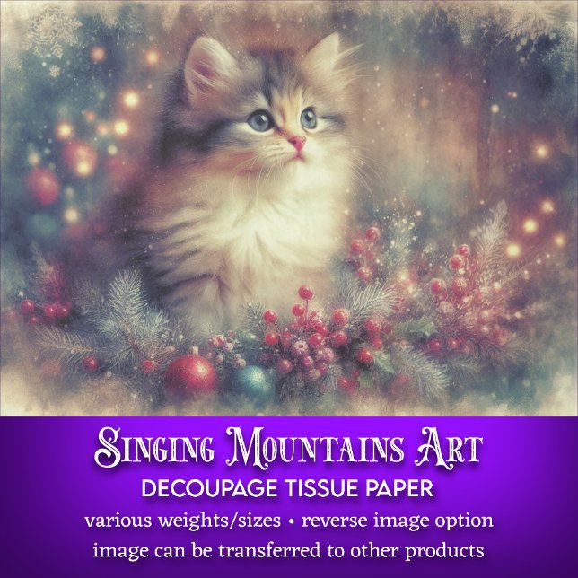 Papier Mousseline Vintage Christmas Kitten Antique Art Découpage (Créateur téléchargé)