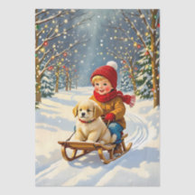 Vintage Christmas Scene, Boy on Sled with Puppy