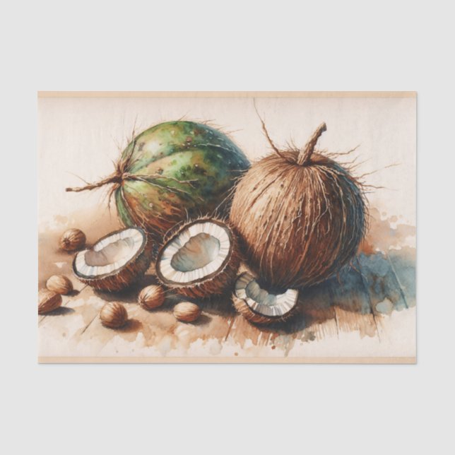 Papier Mousseline Vintage Coconuts Aquarelle Tropicale Découpage (Recto)