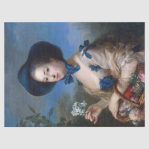 Papier Mousseline Vintage Dame Avec Casquette Bleu Et Panier De Fleu