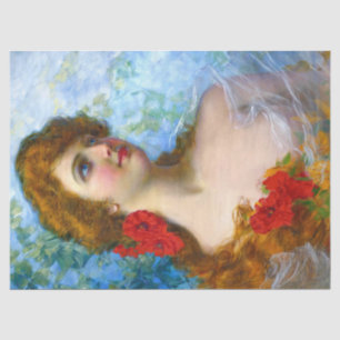 Papier Mousseline Vintage Dame Avec Fleurs Rouge Et Orange Découpage