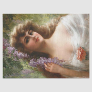 Papier Mousseline Vintage Dame Avec Fleurs Violettes & Rose De Pêche