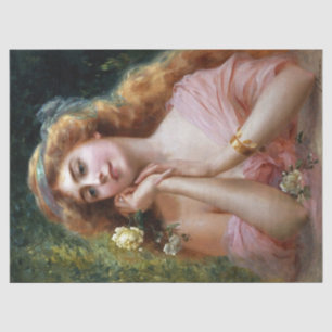 Papier Mousseline Vintage Dame En Rose Avec Découpage Rose Jaune