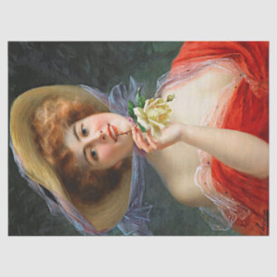 Papier Mousseline Vintage Dame En Rouge Avec Découpage Rose Jaune