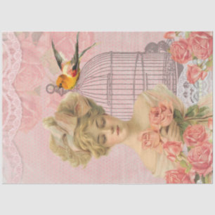 Papier Mousseline Vintage Dame victorienne et cage à oiseaux.