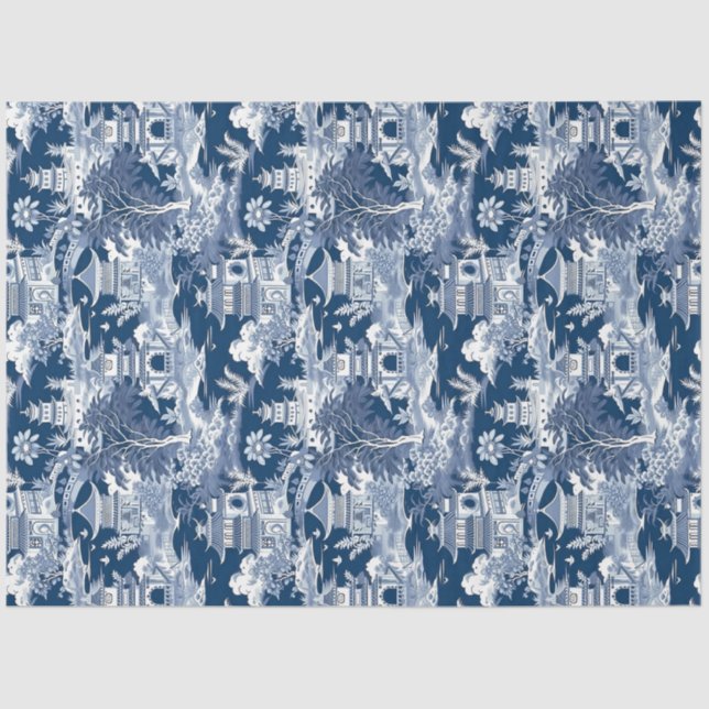 Papier Mousseline Vintage delft bleu Chinoiserie china pagode (Recto)