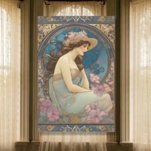 Papier Mousseline Vintage élégante dame Art Nouveau Ephémère Bleue