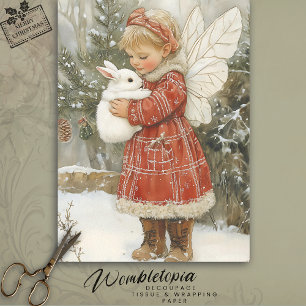 Papier Mousseline Vintage Fée de Noël & Lapin dans Cosy Manteau Roug