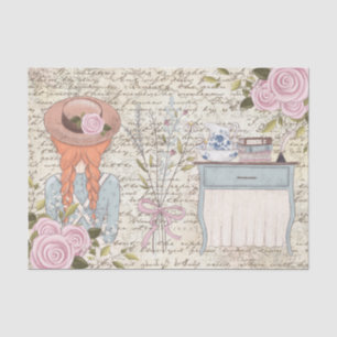 Papier Mousseline Vintage fille aux cheveux rouges Roses vieilles le