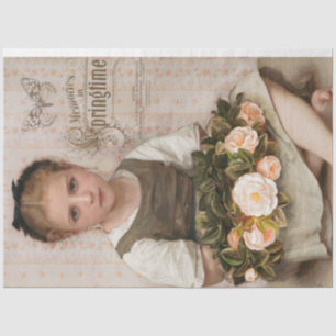 Papier Mousseline Vintage fille avec Pêcher Roses Découpage