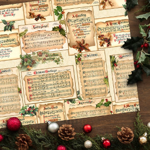 Papier Mousseline Vintage floral de Noël musique sur vieux parchemin