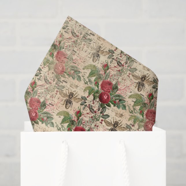 Papier Mousseline Vintage Floral Roses et abeilles (Sac cadeau)