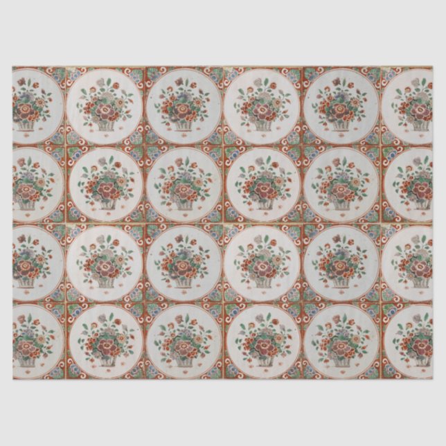 Papier Mousseline Vintage Floral Terracotta Carreaux Motif (Recto)
