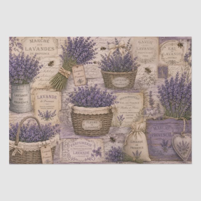 Papier Mousseline Vintage French Lavender Bees Wicker Baskets  (Recto)