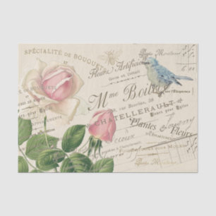Papier Mousseline Vintage French Rose Rose Blue Bird Bee Collage