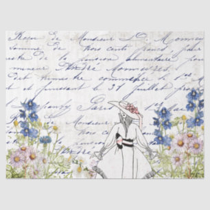 Papier Mousseline Vintage Garden Flower Lady French Script Découpage