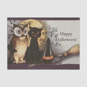 Papier Mousseline Vintage Halloween Chat noir et hibou sorcière Casq