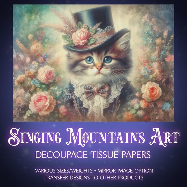 Papier Mousseline Vintage Heirloom Botanical Kitten Decoupage  (Créateur téléchargé)