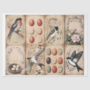 Papier Mousseline Vintage hirondelle et nid avec oeufs floral