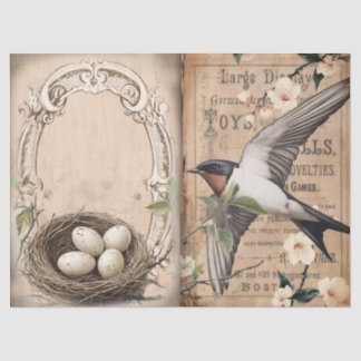 Papier Mousseline Vintage hirondelle et nid avec oeufs floral