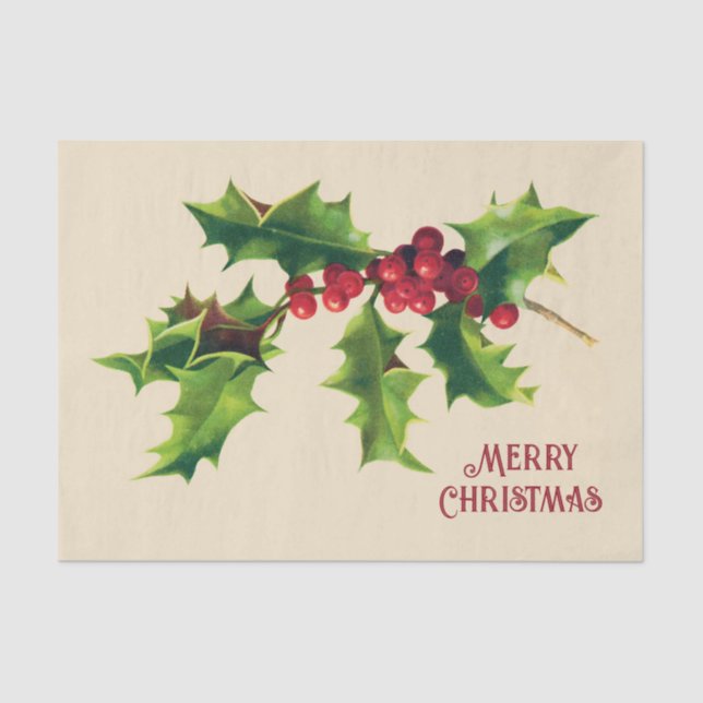 Papier Mousseline Vintage Holly Christmas Greeting  (Recto)