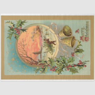 Papier Mousseline Vintage Holly, cloches de Noël et scène de neige