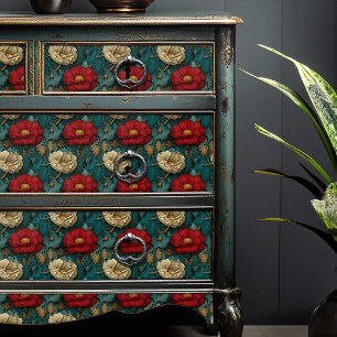 Papier Mousseline Vintage Jade Et Russet Floral Poppy Victorien