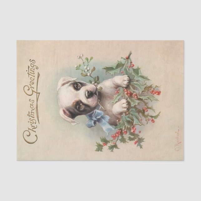 Papier Mousseline Vintage Joyeux Noël Chiot tenant Mistletoe (Recto)