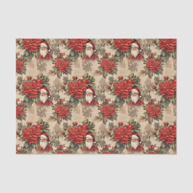 Papier Mousseline Vintage Looking Santa & Poinsettia Flower Pattern (Recto)