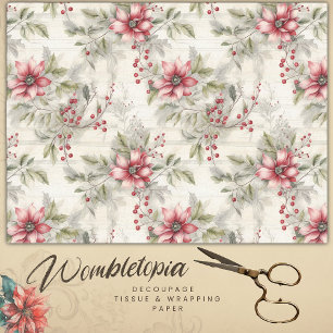 Papier Mousseline Vintage Noël Rouge Poinsettia Tartan, Découpage