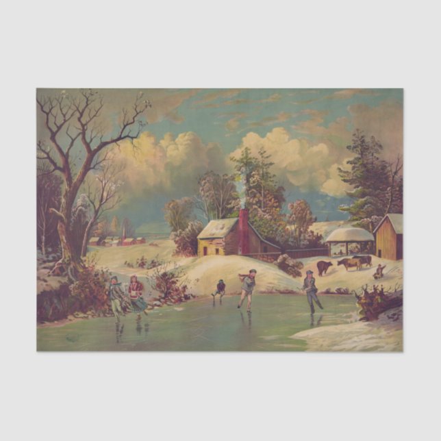 Papier Mousseline Vintage Peaceful Winter Village Ice Skating  (Recto)