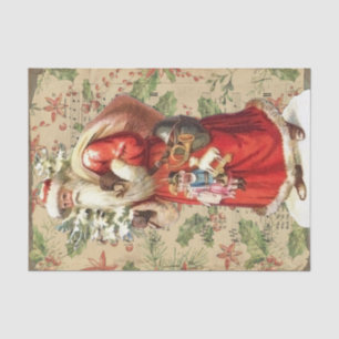 Papier Mousseline Vintage Père Noël portant des jouets Poinsettia